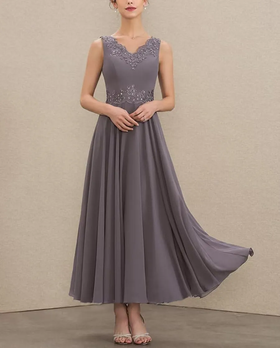SYYS 2 Pieces Mother of The Bride Dresses Appliques Chiffon Formal Dresses for Women with Pockets SYYS414