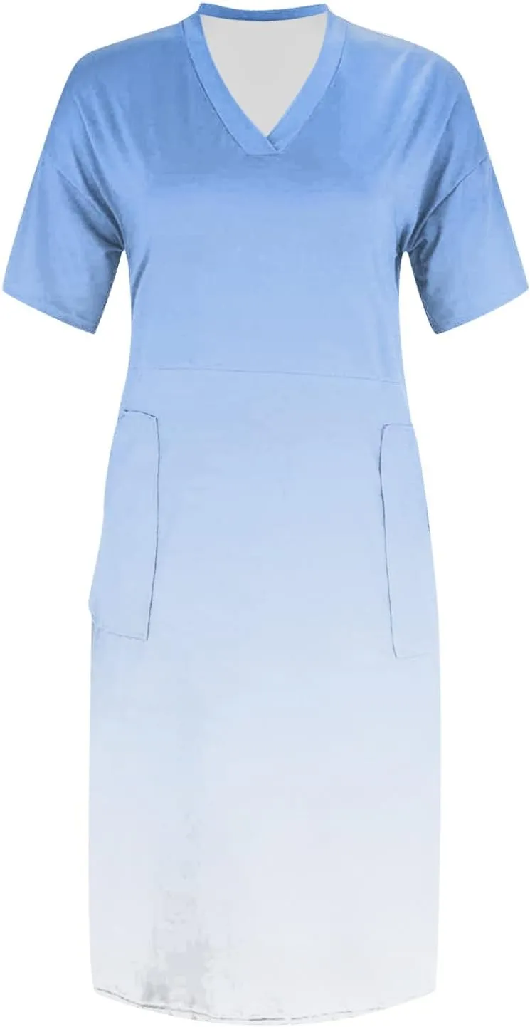 T Shirt Dresses for Women 2025 Summer Casual Plus Size Midi Dresses V Neck Short Sleeve Shift Work Dress with Pockets