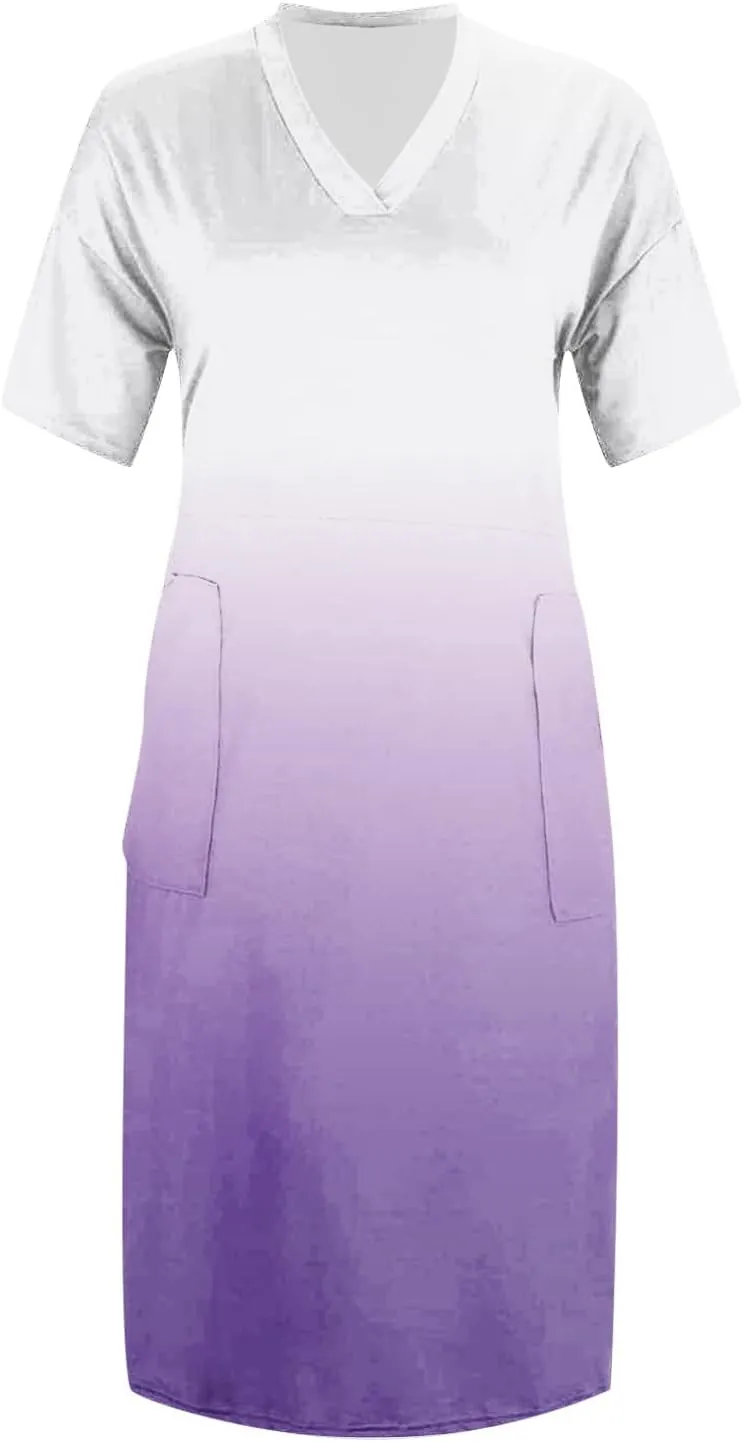 T Shirt Dresses for Women 2025 Summer Casual Plus Size Midi Dresses V Neck Short Sleeve Shift Work Dress with Pockets