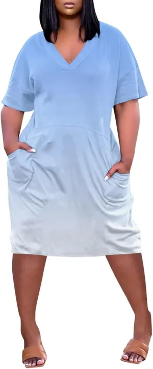 T Shirt Dresses for Women 2025 Summer Casual Plus Size Midi Dresses V Neck Short Sleeve Shift Work Dress with Pockets