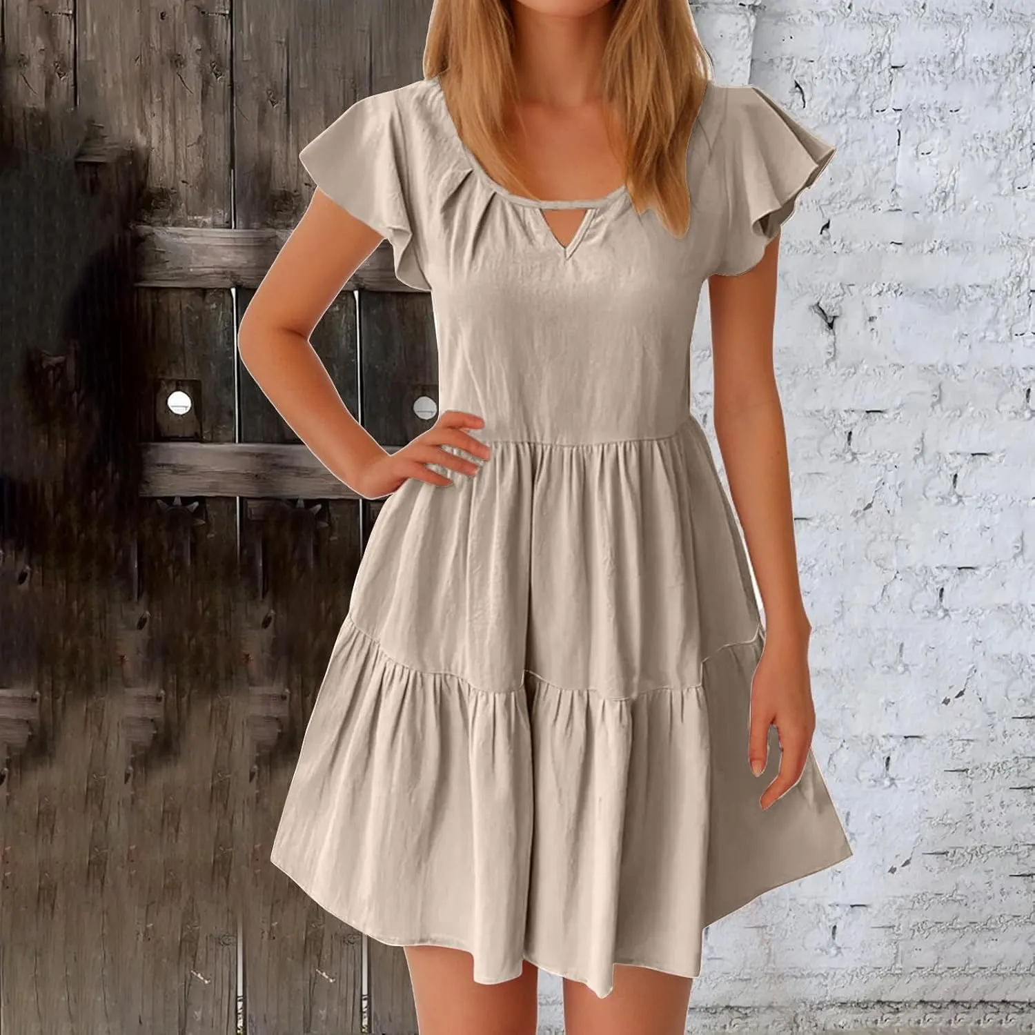 TANGNADE Womens Summer Ruffle Cap Sleeve Mini Dress Tiered Swing V Neck Cute Babydoll Short Beach Sundress Vacation