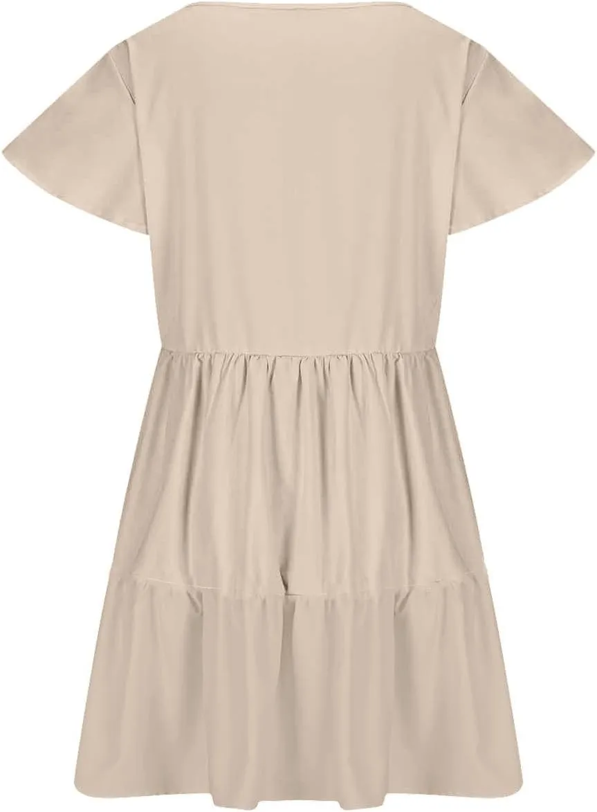 TANGNADE Womens Summer Ruffle Cap Sleeve Mini Dress Tiered Swing V Neck Cute Babydoll Short Beach Sundress Vacation