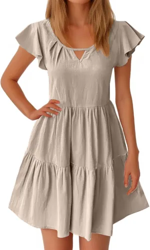 TANGNADE Womens Summer Ruffle Cap Sleeve Mini Dress Tiered Swing V Neck Cute Babydoll Short Beach Sundress Vacation