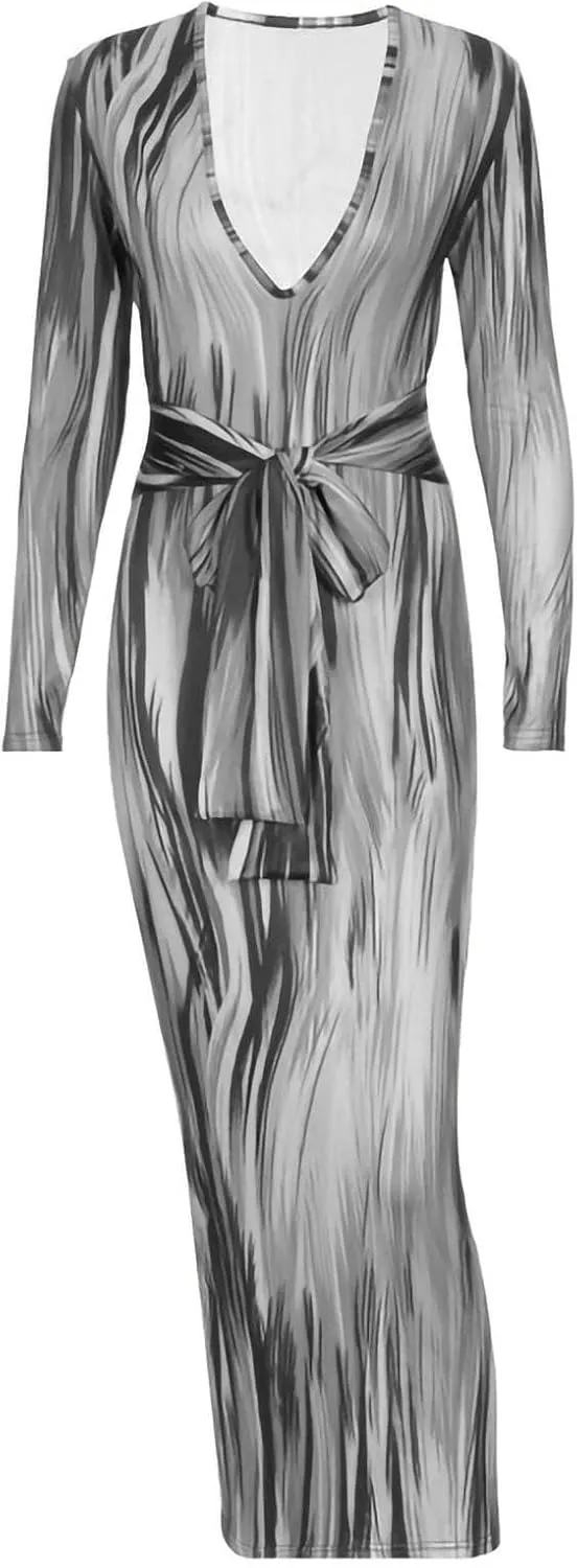 The Viral Waist Illusion Dress,Waist Illusion Dress for Women,V Neck Casual Long Sleeve Maxi Ruched Slim Fit
