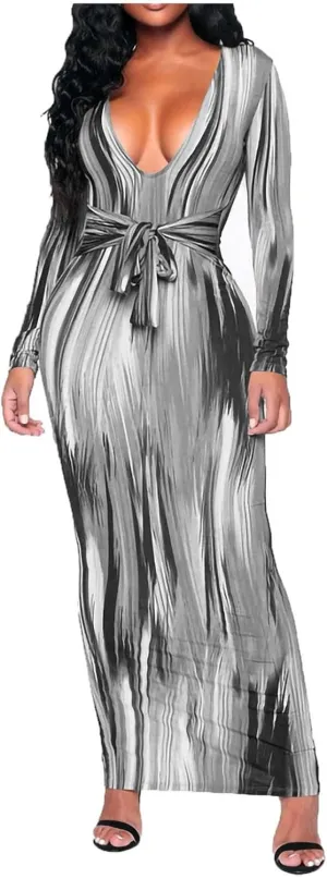 The Viral Waist Illusion Dress,Waist Illusion Dress for Women,V Neck Casual Long Sleeve Maxi Ruched Slim Fit