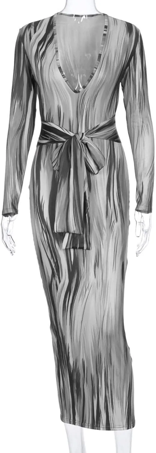The Viral Waist Illusion Dress,Waist Illusion Dress for Women,V Neck Casual Long Sleeve Maxi Ruched Slim Fit