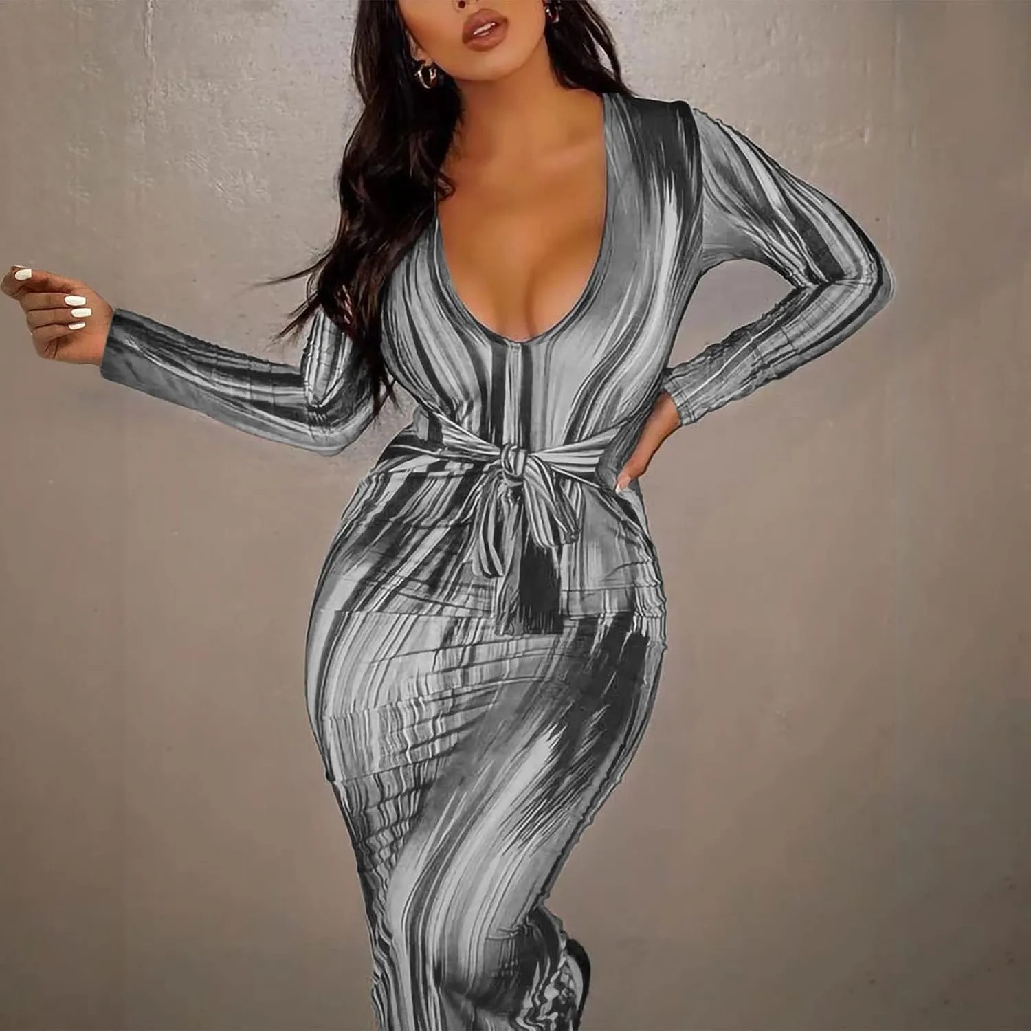 The Viral Waist Illusion Dress,Waist Illusion Dress for Women,V Neck Casual Long Sleeve Maxi Ruched Slim Fit