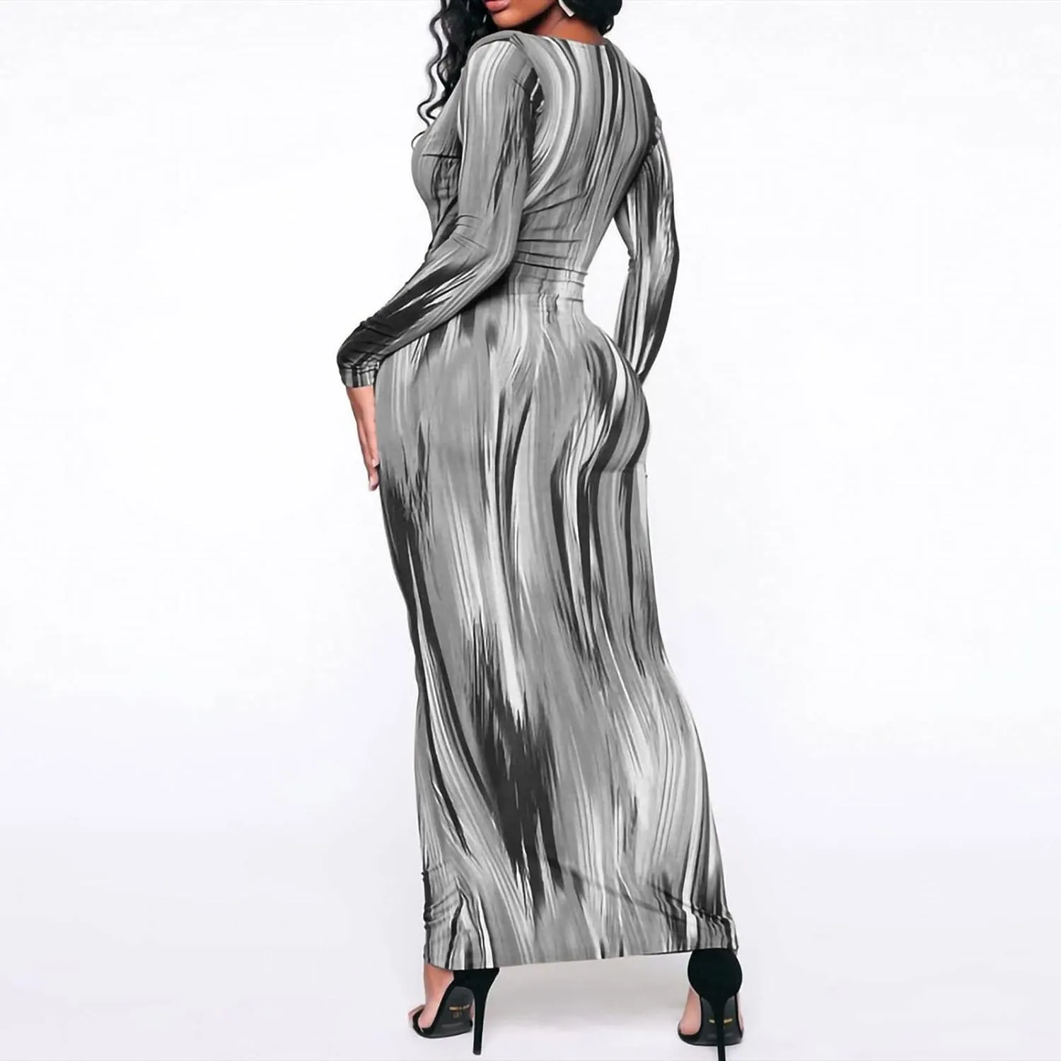 The Viral Waist Illusion Dress,Waist Illusion Dress for Women,V Neck Casual Long Sleeve Maxi Ruched Slim Fit