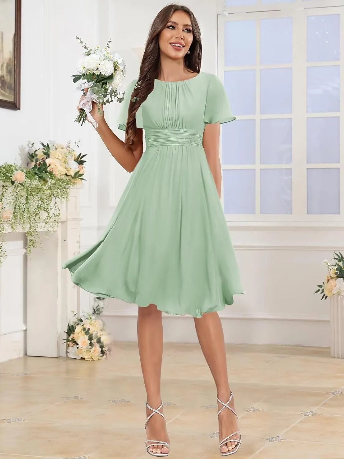TORYEMY Chiffon Short Bridesmaid Dresses with Sleeves Short Modest Formal Evening Dress for Women