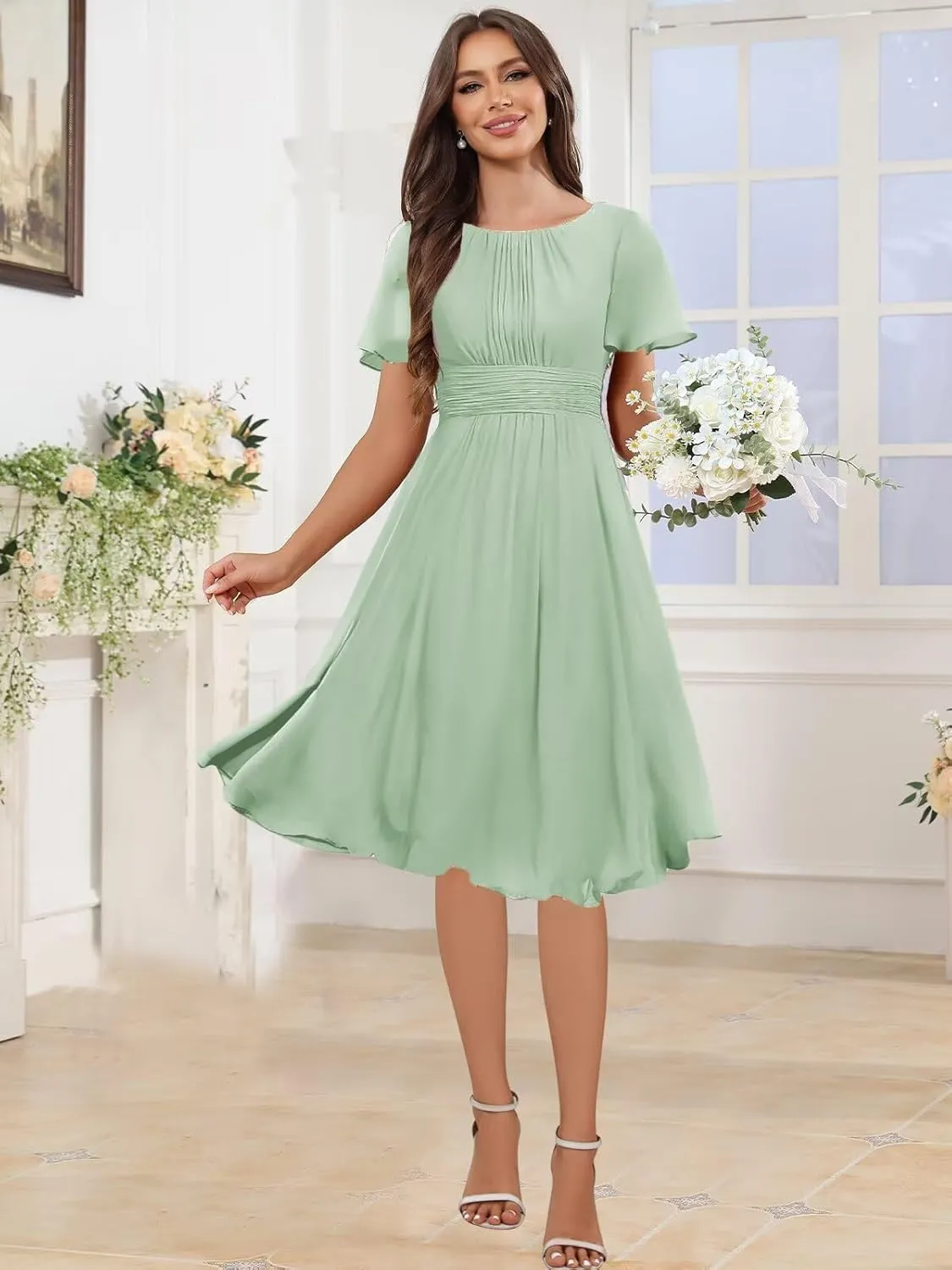 TORYEMY Chiffon Short Bridesmaid Dresses with Sleeves Short Modest Formal Evening Dress for Women