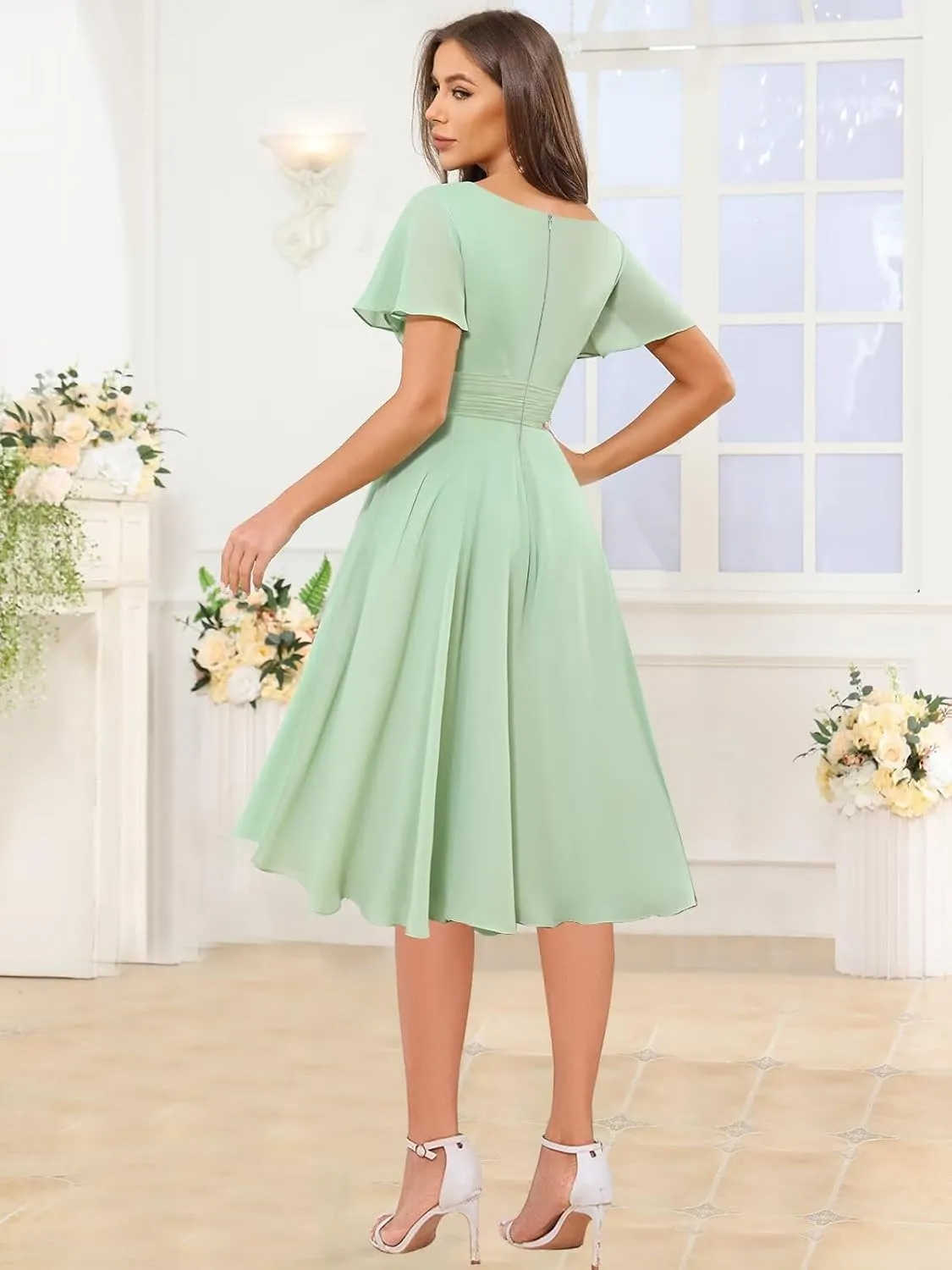 TORYEMY Chiffon Short Bridesmaid Dresses with Sleeves Short Modest Formal Evening Dress for Women