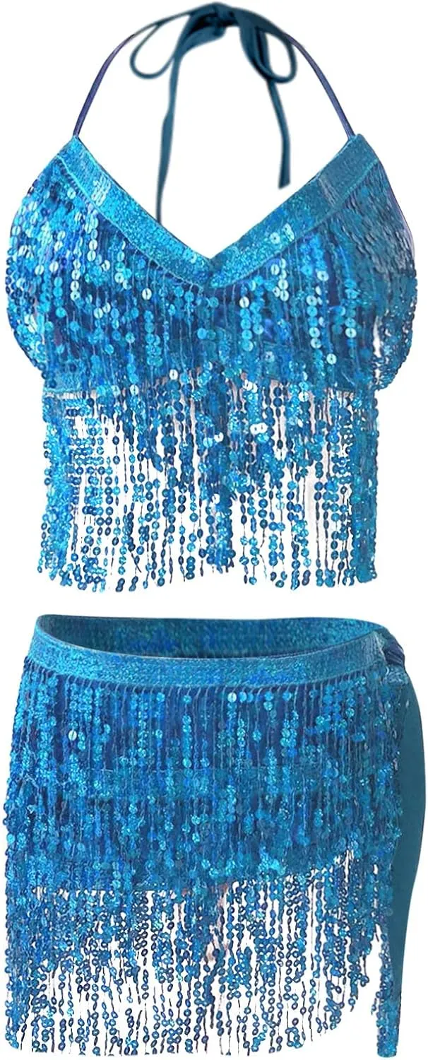 Two Piece Outfits Womens Fringe Sequin Tank Crop Top Sexy Mini Tassel Skirt Dance Dress Night Out Clubwear