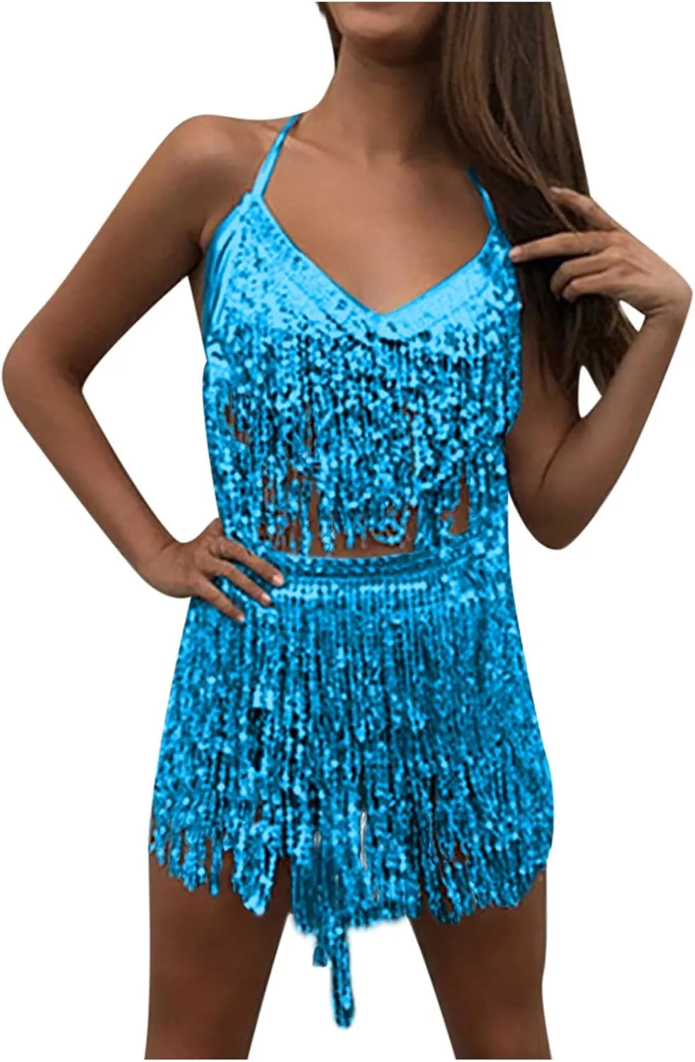 Two Piece Outfits Womens Fringe Sequin Tank Crop Top Sexy Mini Tassel Skirt Dance Dress Night Out Clubwear