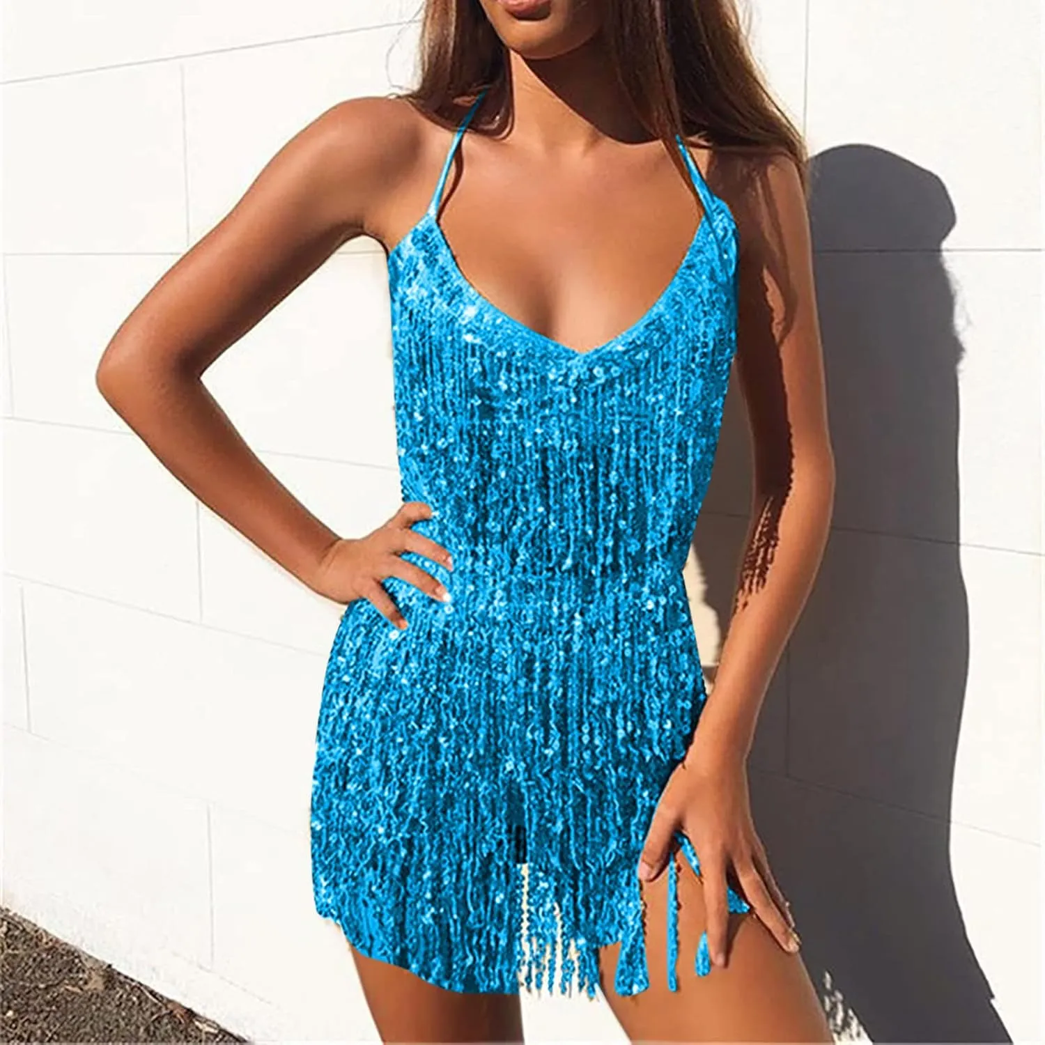 Two Piece Outfits Womens Fringe Sequin Tank Crop Top Sexy Mini Tassel Skirt Dance Dress Night Out Clubwear
