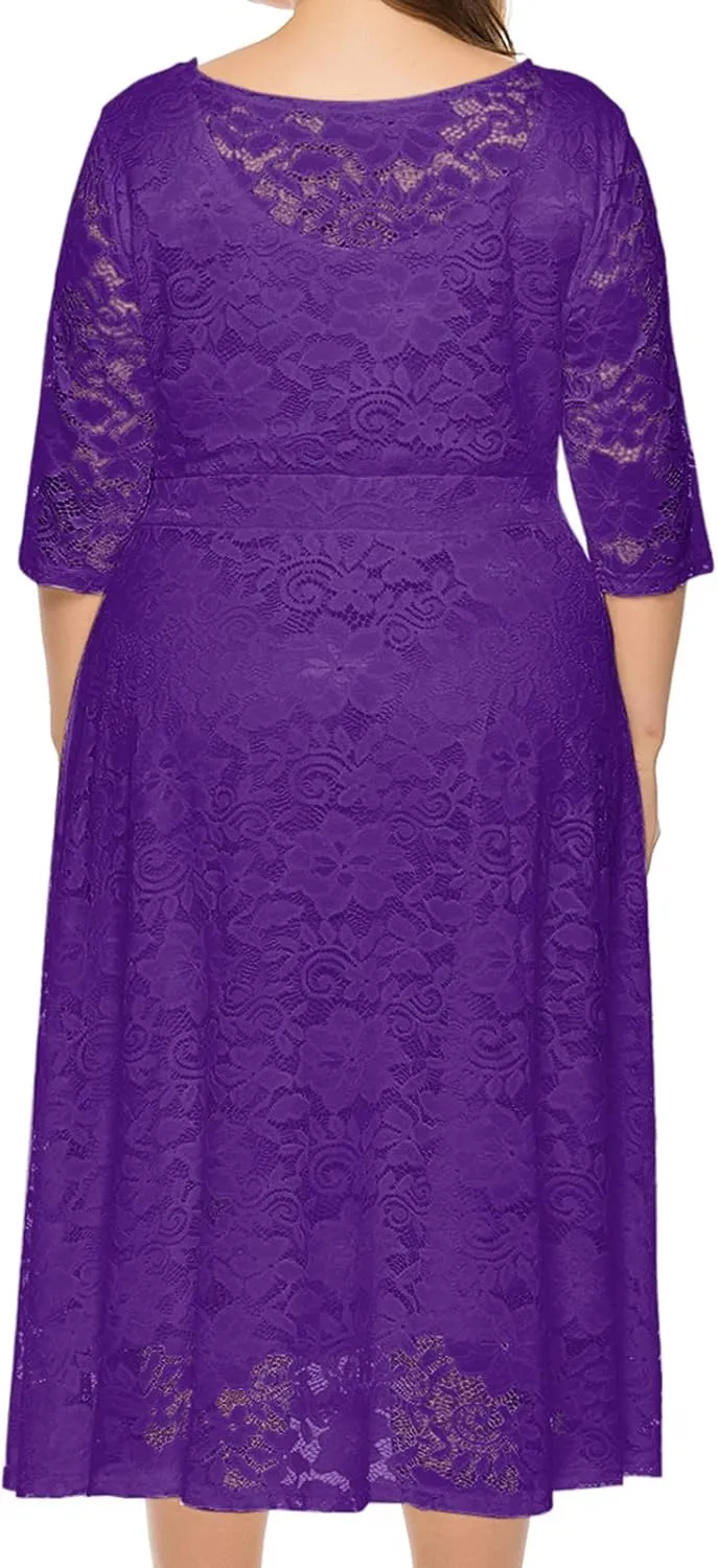 Uillui Women Lace Plus Size Midi Cocktail Dress for Evening Prom Classy Elegant Mock Neck 3/4 Sleeve Flowy a Line Gown Dress
