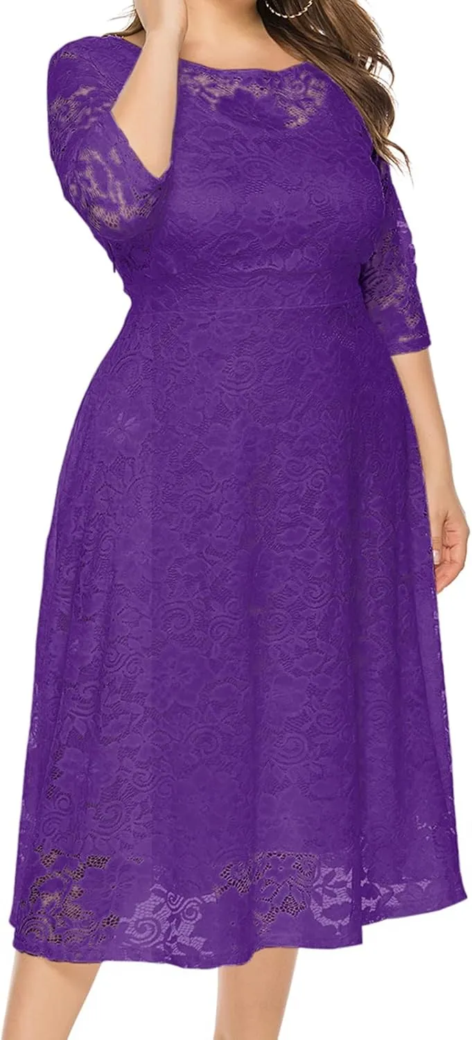 Uillui Women Lace Plus Size Midi Cocktail Dress for Evening Prom Classy Elegant Mock Neck 3/4 Sleeve Flowy a Line Gown Dress
