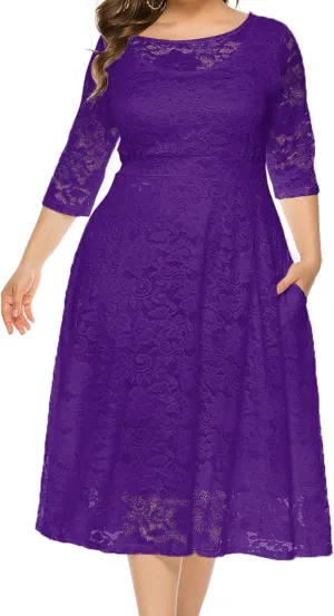 Uillui Women Lace Plus Size Midi Cocktail Dress for Evening Prom Classy Elegant Mock Neck 3/4 Sleeve Flowy a Line Gown Dress