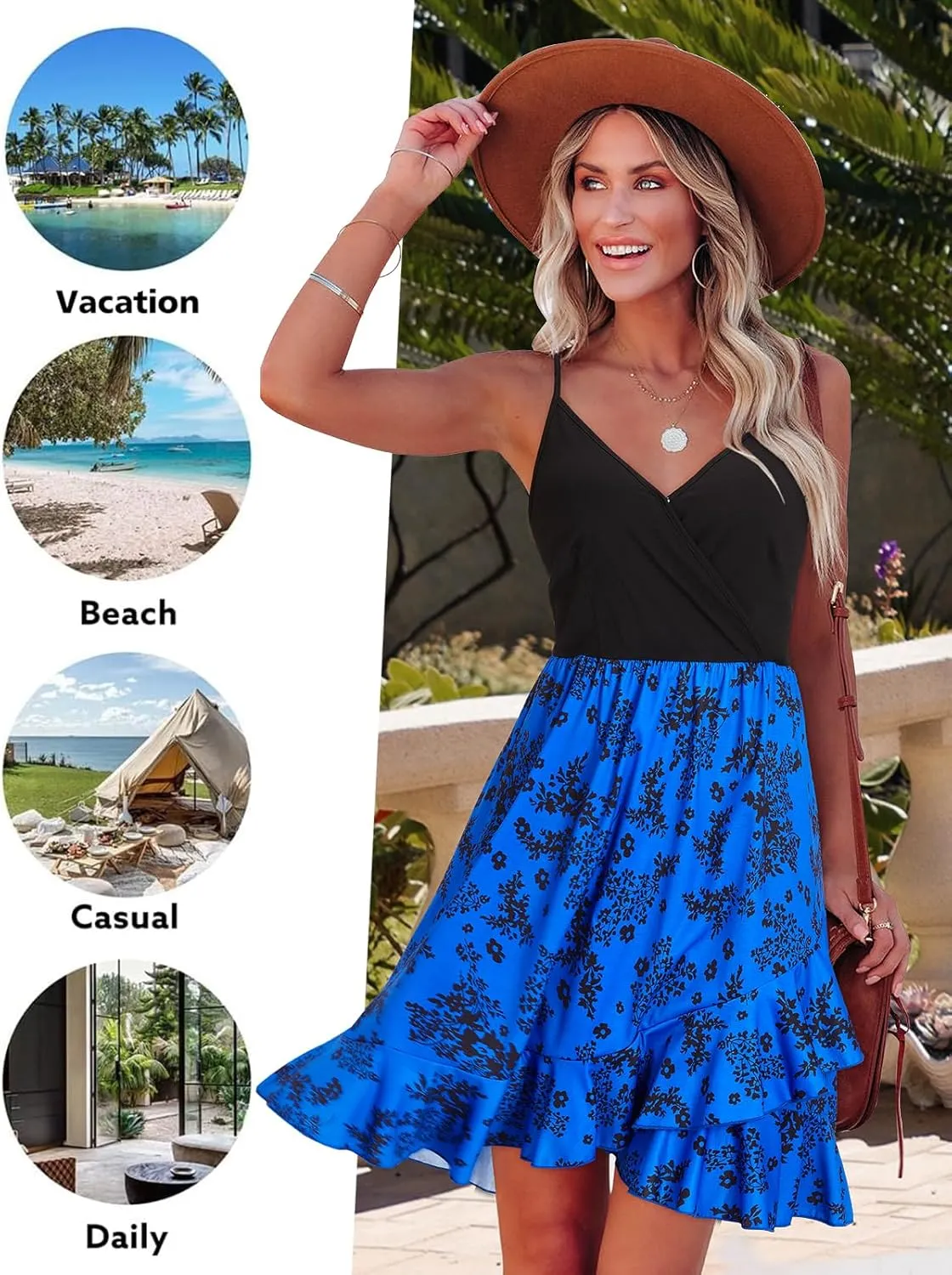 ULTRANICE Womens Summer Dresses Floral V Neck Ruffled Hem Spaghetti Spring Casual Beach Outfits Flowy Wrap Sun Dress