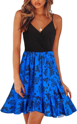 ULTRANICE Womens Summer Dresses Floral V Neck Ruffled Hem Spaghetti Spring Casual Beach Outfits Flowy Wrap Sun Dress