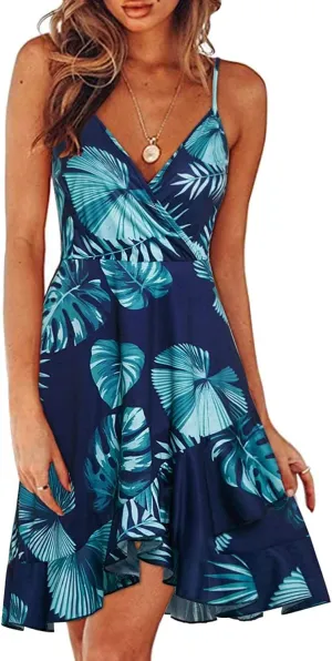 ULTRANICE Womens Summer Dresses Floral V Neck Ruffled Hem Spaghetti Spring Casual Beach Outfits Flowy Wrap Sun Dress