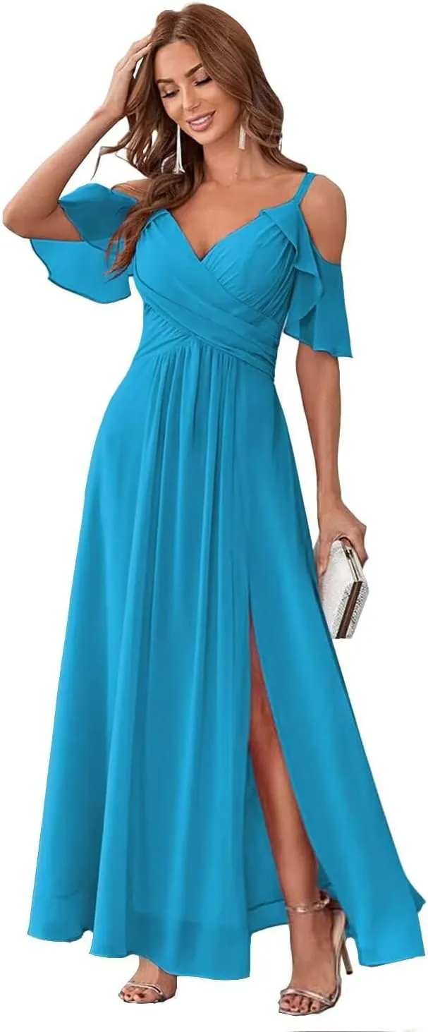 UZN Women's Chiffon Cold Shoulder Bridesmaids Dresses Long with Slit Formal Party Dress for Junior