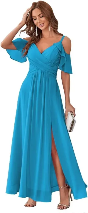 UZN Women's Chiffon Cold Shoulder Bridesmaids Dresses Long with Slit Formal Party Dress for Junior