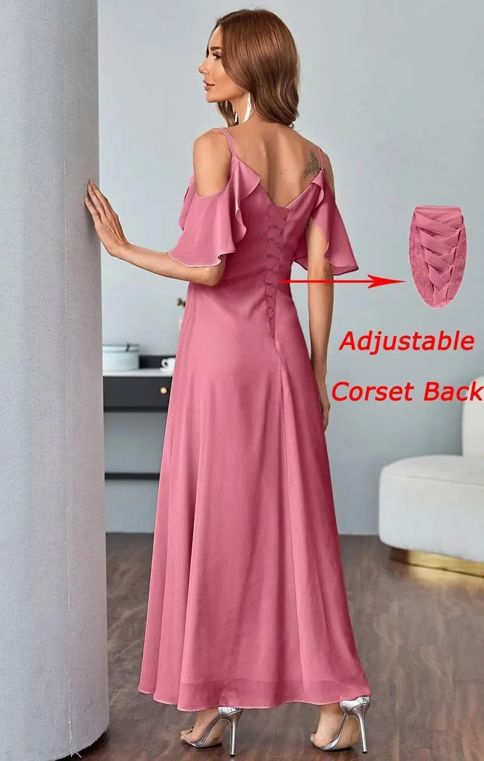 UZN Women's Chiffon Cold Shoulder Bridesmaids Dresses Long with Slit Formal Party Dress for Junior