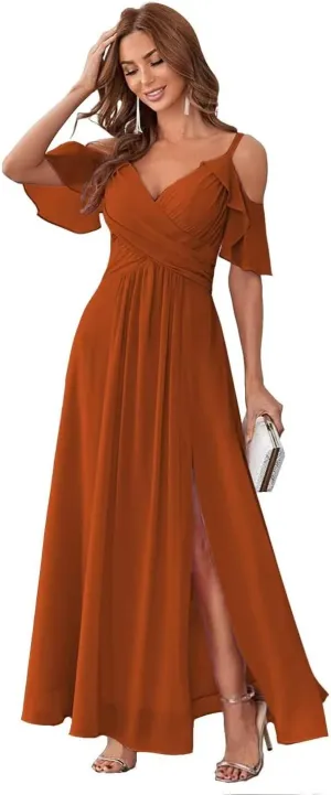 UZN Women's Chiffon Cold Shoulder Bridesmaids Dresses Long with Slit Formal Party Dress for Junior
