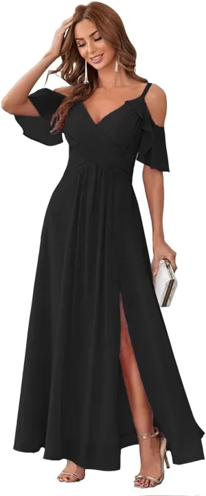 UZN Women's Chiffon Cold Shoulder Bridesmaids Dresses Long with Slit Formal Party Dress for Junior