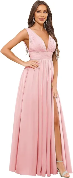 V Neck Bridesmaid Dresses for Wedding Chiffon Sleeveless Pleated A Line Long Formal Prom Dress with Slit
