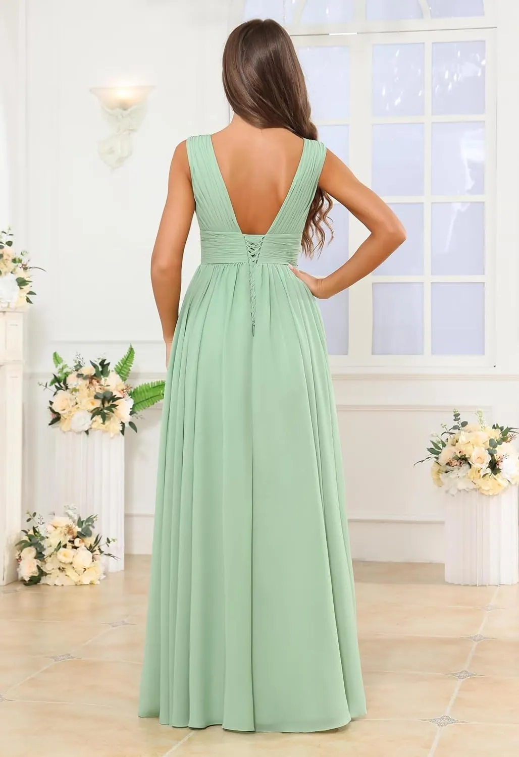 V Neck Bridesmaid Dresses for Wedding Chiffon Sleeveless Pleated A Line Long Formal Prom Dress with Slit