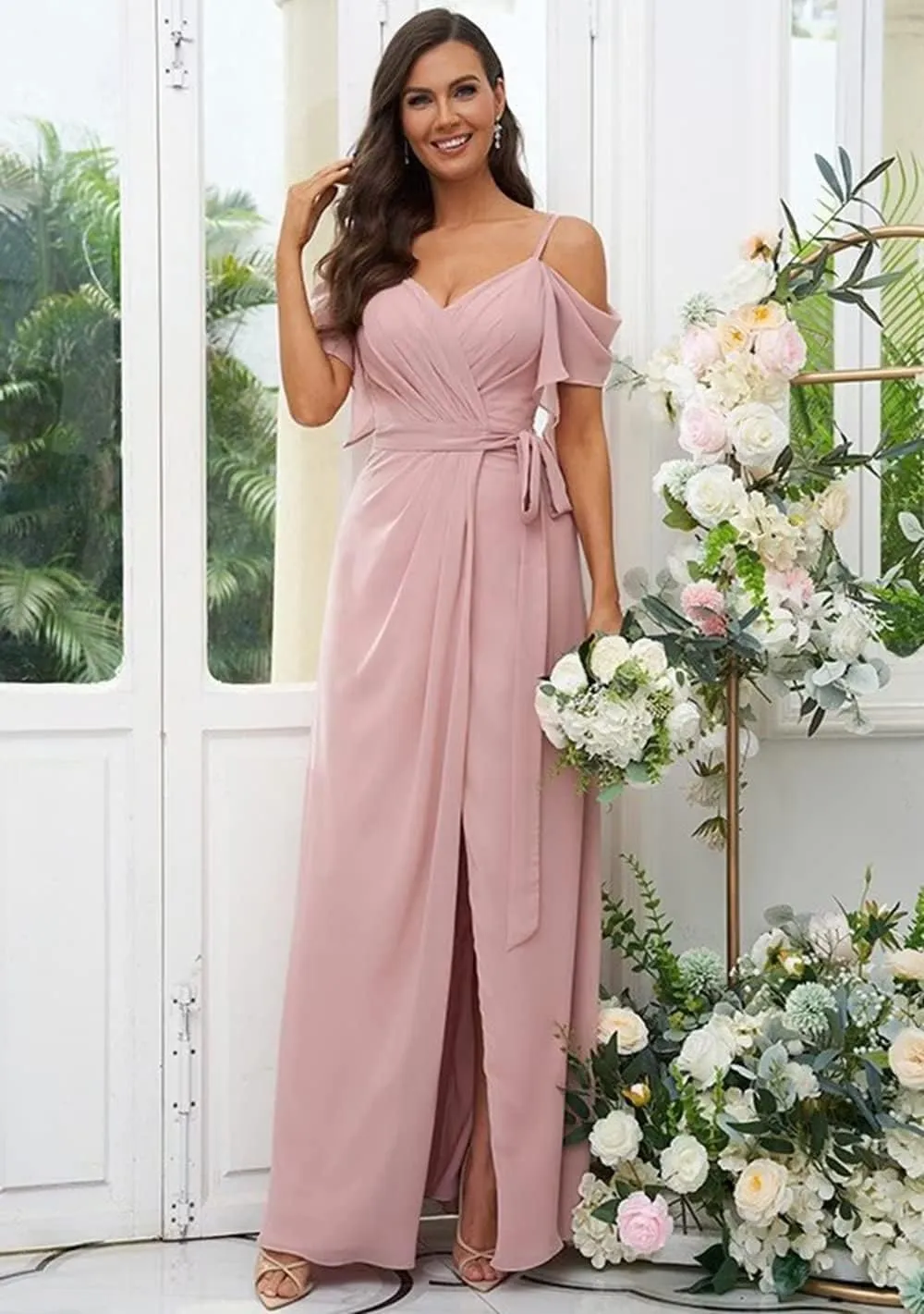 V Neck Chiffon Bridesmaid Dresses for Women Long Ruffle Cold Shoulder Evening Dress Formal Dresses with Slit