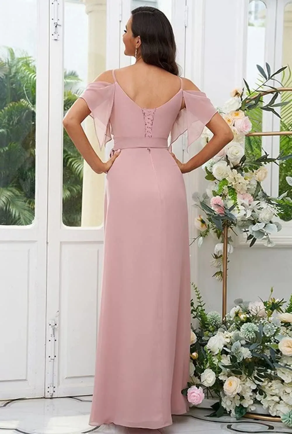 V Neck Chiffon Bridesmaid Dresses for Women Long Ruffle Cold Shoulder Evening Dress Formal Dresses with Slit