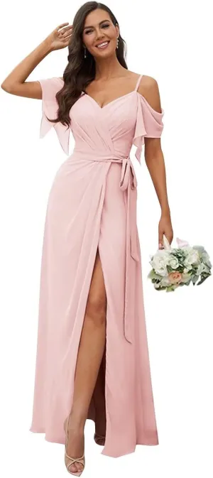 V Neck Chiffon Bridesmaid Dresses for Women Long Ruffle Cold Shoulder Evening Dress Formal Dresses with Slit