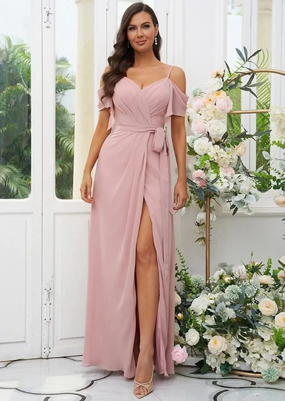 V Neck Chiffon Bridesmaid Dresses for Women Long Ruffle Cold Shoulder Evening Dress Formal Dresses with Slit