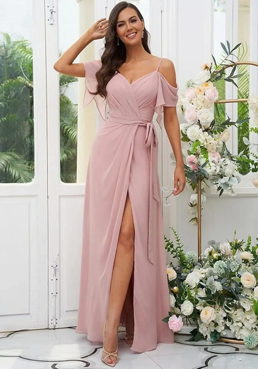 V Neck Chiffon Bridesmaid Dresses for Women Long Ruffle Cold Shoulder Evening Dress Formal Dresses with Slit