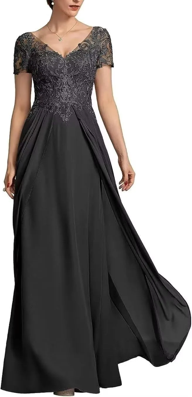 V Neck Mother of The Bride Dress Chiffon Long Wedding Guest Dresses for Women Lace Appliques Formal Dress RO56