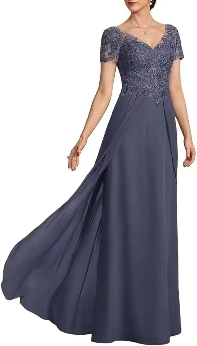 V Neck Mother of The Bride Dress Chiffon Long Wedding Guest Dresses for Women Lace Appliques Formal Dress RO56
