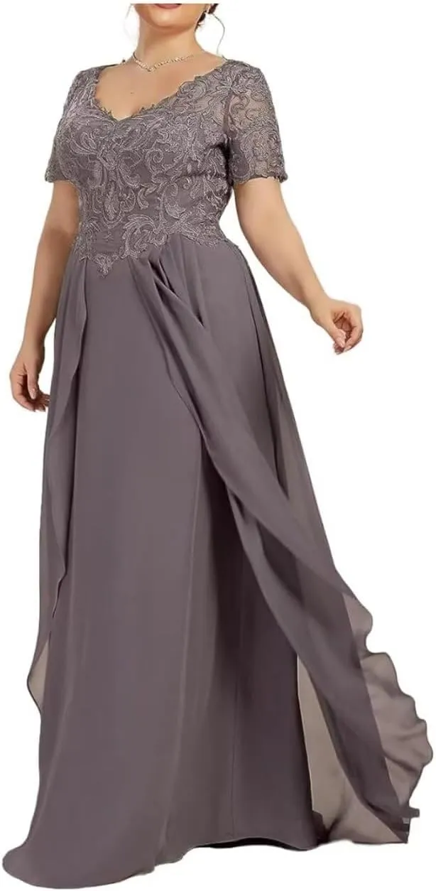 V Neck Mother of The Bride Dress Chiffon Long Wedding Guest Dresses for Women Lace Appliques Formal Dress RO56
