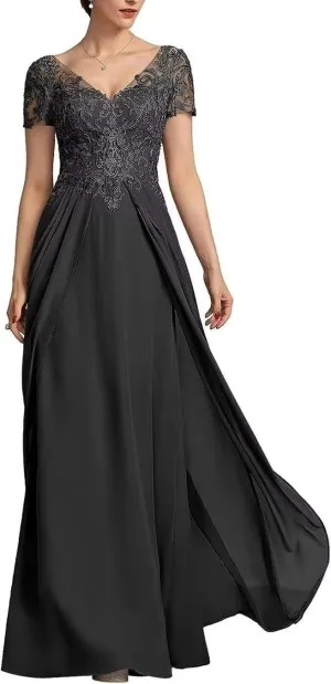 V Neck Mother of The Bride Dress Chiffon Long Wedding Guest Dresses for Women Lace Appliques Formal Dress RO56
