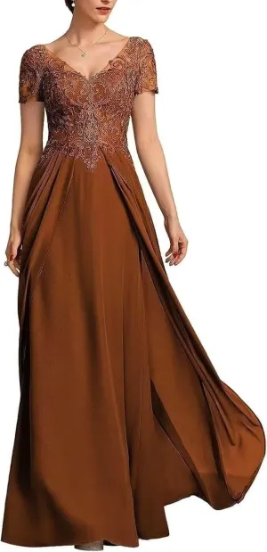 V Neck Mother of The Bride Dress Chiffon Long Wedding Guest Dresses for Women Lace Appliques Formal Dress RO56