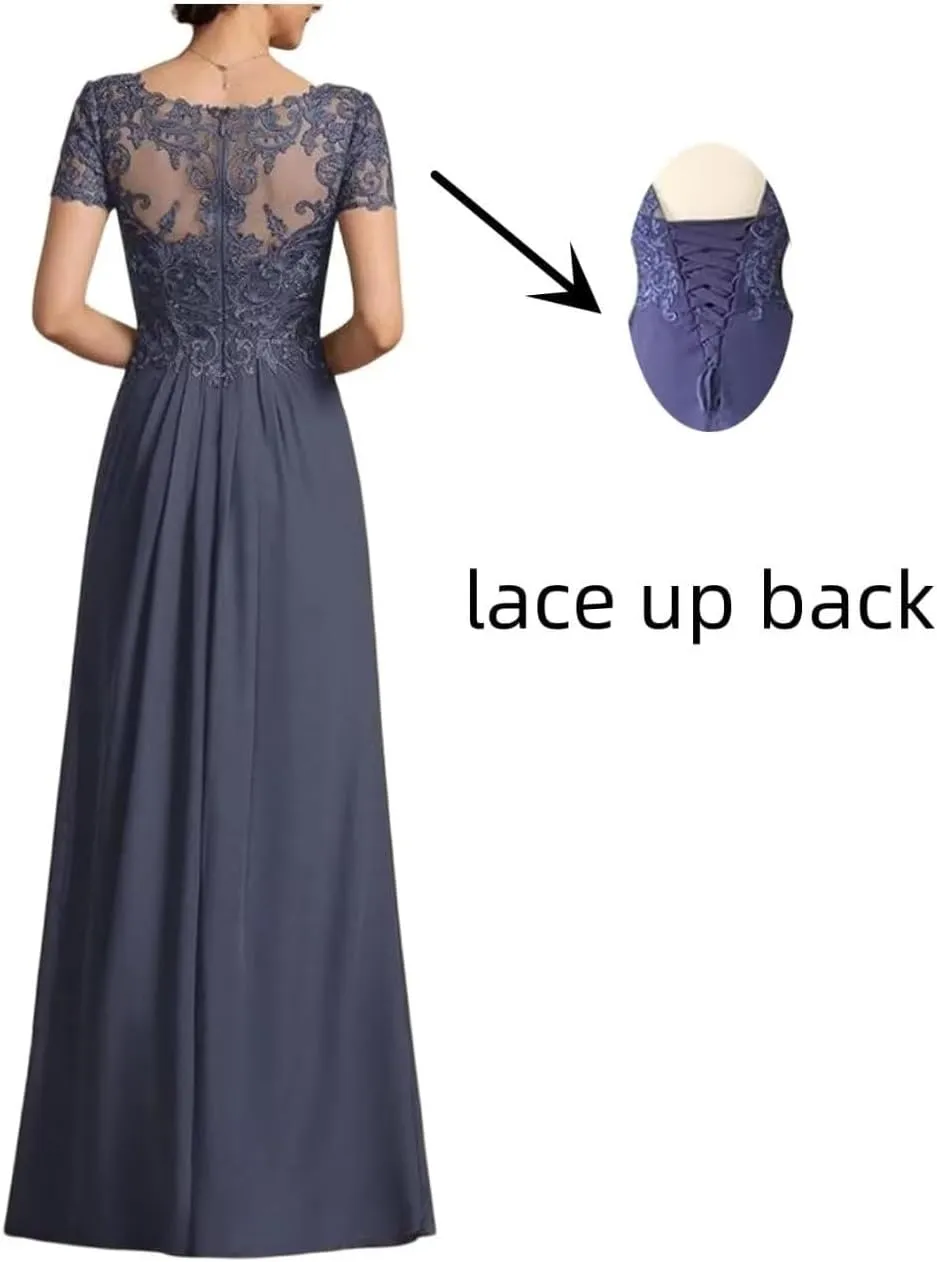 V Neck Mother of The Bride Dress Chiffon Long Wedding Guest Dresses for Women Lace Appliques Formal Dress RO56