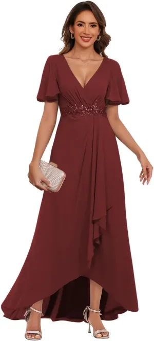 V Neck Mother of The Bride Dresses with Slit Short Sleeve Chiffon Evening Formal Dress with Pockets PU155