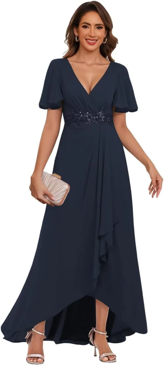 V Neck Mother of The Bride Dresses with Slit Short Sleeve Chiffon Evening Formal Dress with Pockets PU155