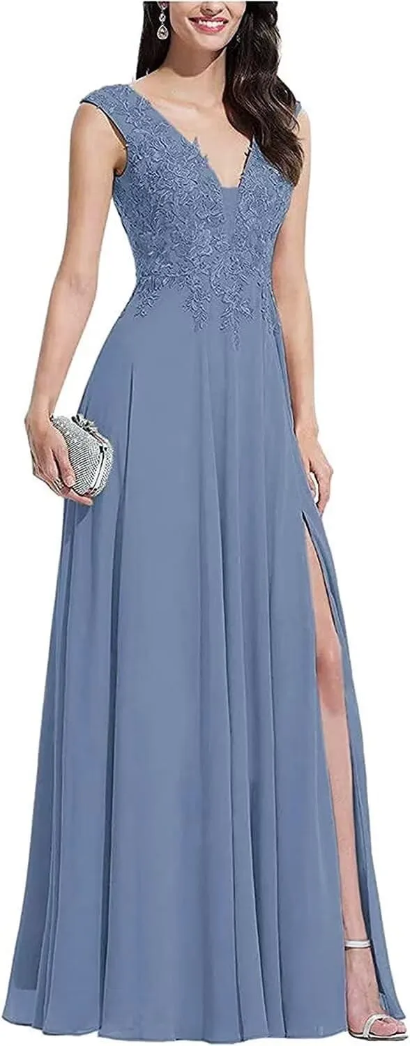 V Neck Sleeveless Formal Prom Dress for Party Lace Appliques Chiffon Evening Dress with Slit for Women Dusty Blue US6