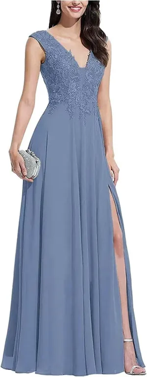 V Neck Sleeveless Formal Prom Dress for Party Lace Appliques Chiffon Evening Dress with Slit for Women Dusty Blue US6
