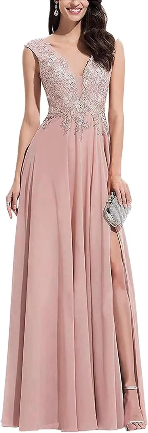 V Neck Sleeveless Formal Prom Dress for Party Lace Appliques Chiffon Evening Dress with Slit for Women Dusty Rose US4