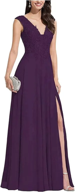 V Neck Sleeveless Formal Prom Dress for Party Lace Appliques Chiffon Evening Dress with Slit for Women Plum US4