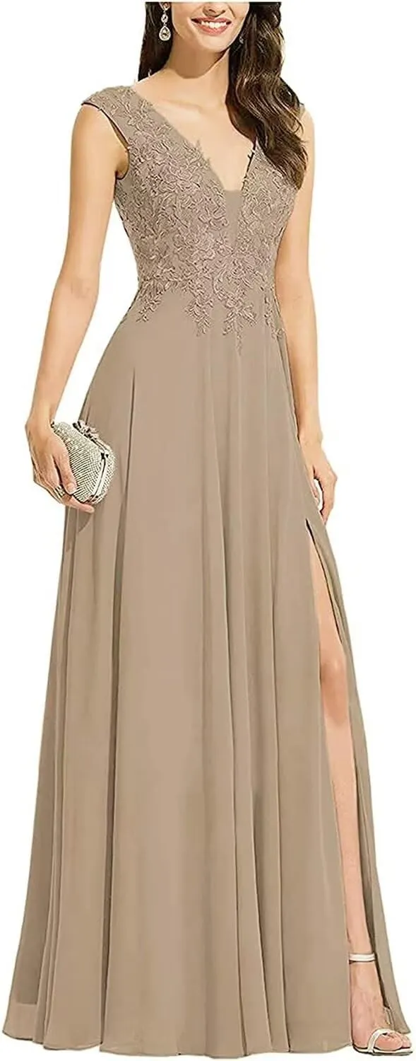 V Neck Sleeveless Formal Prom Dress for Party Lace Appliques Chiffon Evening Dress with Slit for Women Taupe US26W
