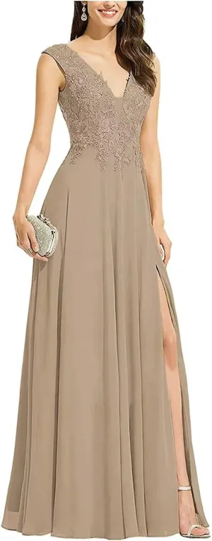 V Neck Sleeveless Formal Prom Dress for Party Lace Appliques Chiffon Evening Dress with Slit for Women Taupe US26W